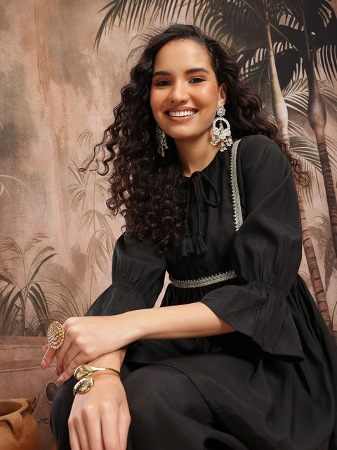 Sangria Floral Embroidered Tie-Up Neck Gotta Patti Detail Ethnic Tunic with Palazzos