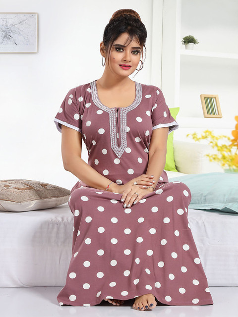 Lady Venom Women Polka Dots Printed Pure Cotton Maxi Nightdress