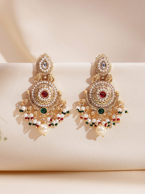 ADIVA 22K Gold-Plated Kundan Stones And Pearls Beaded Teardrop Shaped Drop Earrings