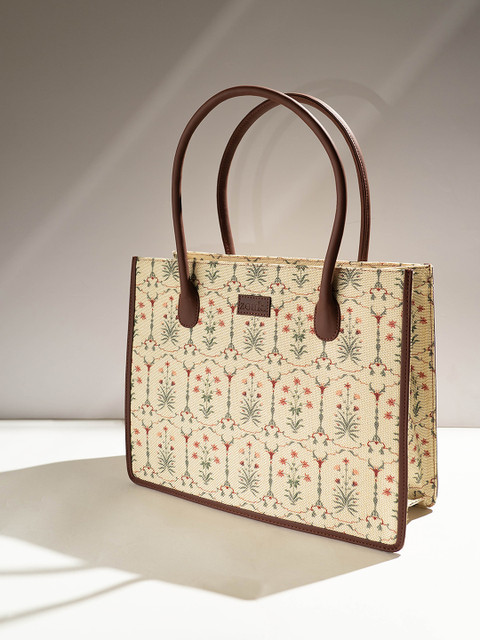 ZOUK Ethnic Motifs Printed Oversized Structured Jute Shoulder Bag