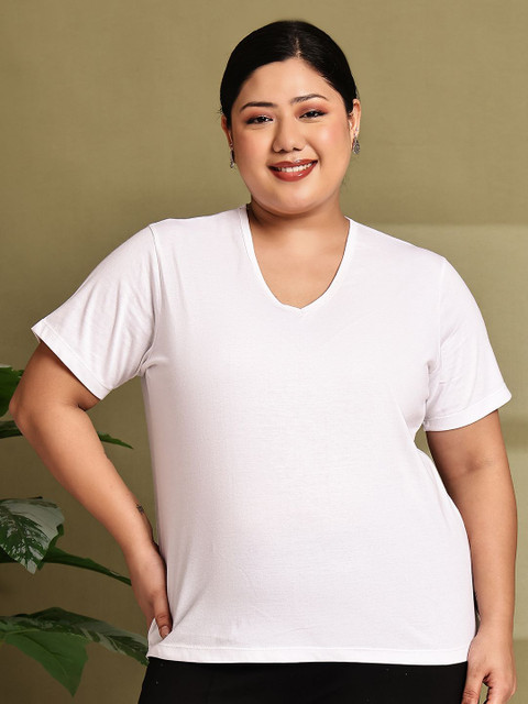 Moonaa Fashion Women Plus Size Solid V-Neck Cotton T-shirt