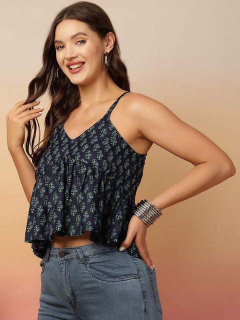 Nayo Women Floral Printed V-Neck Peplum Crop Top