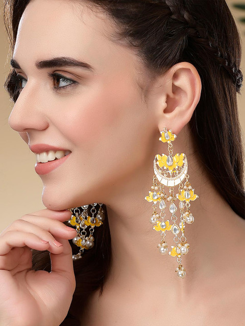 KARATCART Gold-Plated Kundan-Studded Contemporary Drop Earrings - Image 2