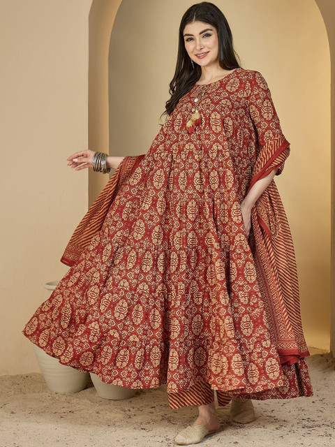 Anouk Printed Round Neck Pure Cotton Anarkali Kurta With Palazzos & Dupatta