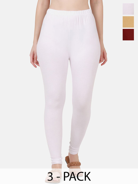 VANSIRI Pack Of 3 Pure Cotton Slim-Fit Ankle-Length Leggings