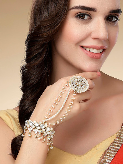 KARATCART Kundan Gold-Plated Ring Bracelet