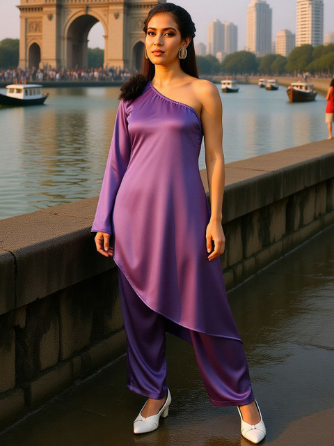 QISSA One Shoulder Asymmetrical Tunic With Trousers