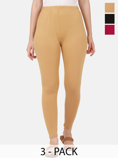 VANSIRI Pack Of 3 Pure Cotton Slim-Fit Ankle-Length Leggings