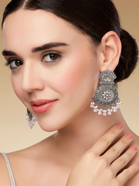 KARATCART Silver-Plated & Pink Oxidised Classic Dangler Earrings