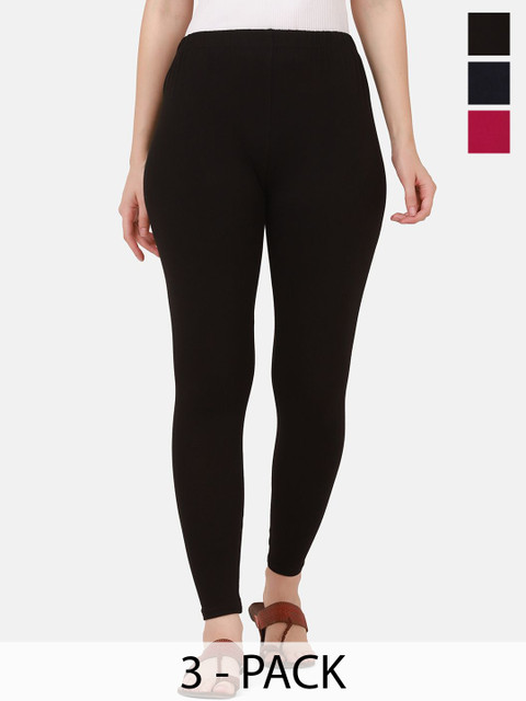 VANSIRI Pack Of 3 Pure Cotton Slim-Fit Ankle-Length Leggings