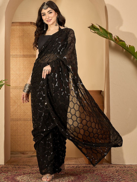 all about you Embellished Sequinned Saree With Blouse Piece