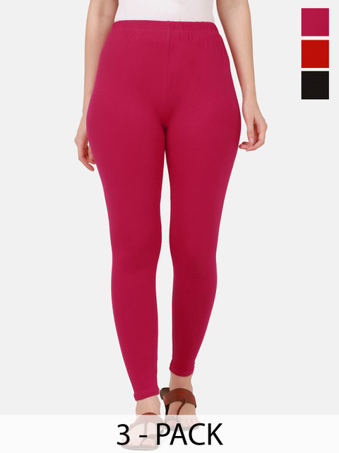 VANSIRI Pack Of 3 Pure Cotton Slim-Fit Ankle-Length Leggings