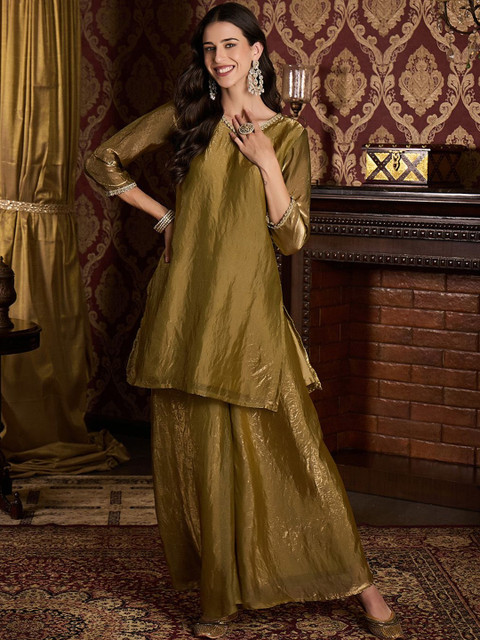 CHHAAP Women Ethnic Motifs Embroidered V-Neck Sequinned Kurta with Palazzos