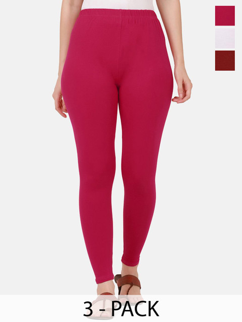 VANSIRI Pack Of 3 Pure Cotton Slim-Fit Ankle-Length Leggings