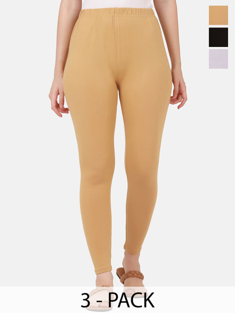 VANSIRI Pack Of 3 Pure Cotton Slim-Fit Ankle-Length Leggings