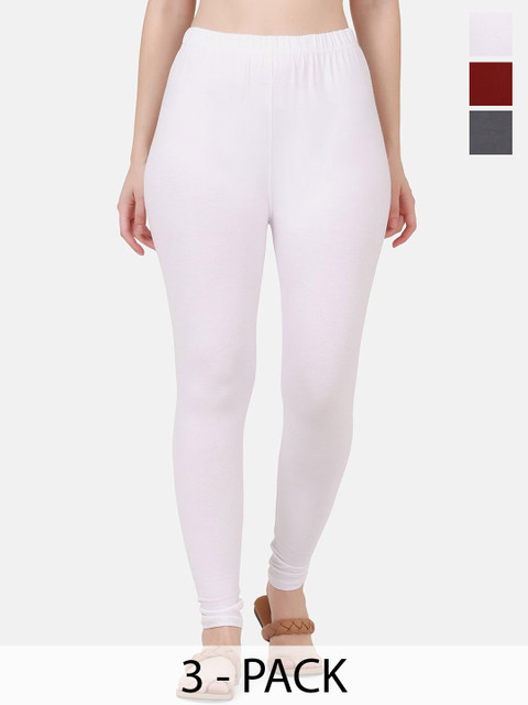VANSIRI Pack Of 3 Pure Cotton Slim-Fit Ankle-Length Leggings