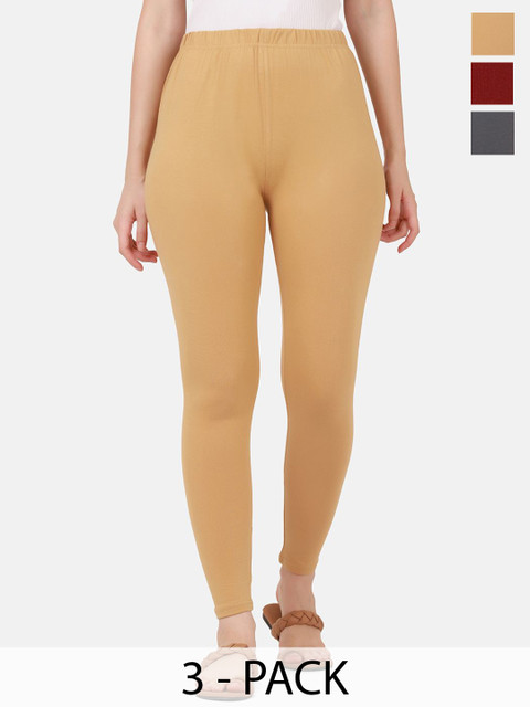 VANSIRI Pack Of 3 Pure Cotton Slim-Fit Ankle-Length Leggings