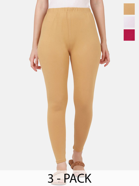 VANSIRI Pack Of 3 Pure Cotton Slim-Fit Ankle-Length Leggings