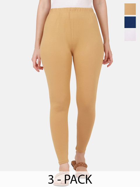 VANSIRI Pack Of 3 Pure Cotton Slim-Fit Ankle-Length Leggings