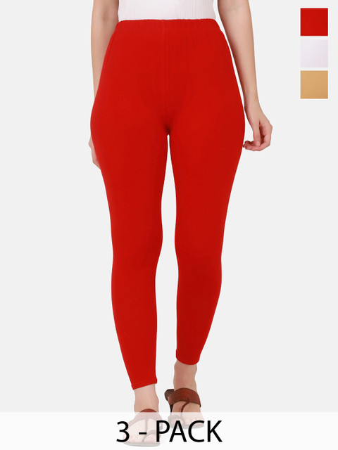 VANSIRI Pack Of 3 Pure Cotton Slim-Fit Ankle-Length Leggings