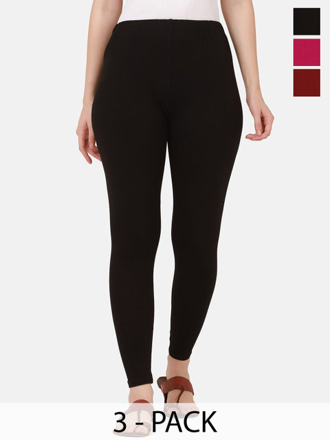 VANSIRI Pack Of 3 Pure Cotton Slim-Fit Ankle-Length Leggings