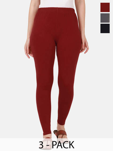 VANSIRI Pack Of 3 Pure Cotton Slim-Fit Ankle-Length Leggings