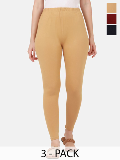 VANSIRI Pack Of 3 Pure Cotton Slim-Fit Ankle-Length Leggings