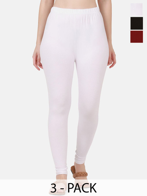 VANSIRI Pack Of 3 Pure Cotton Slim-Fit Ankle-Length Leggings
