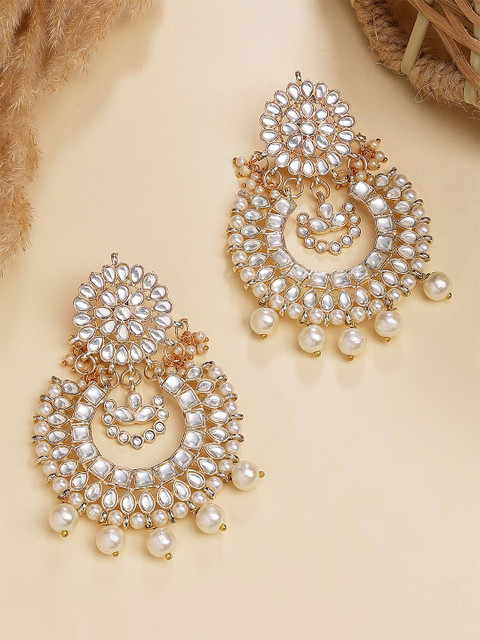 KARATCART White Gold-Plated Classic Pearl Drop Kundan Chandbalis Earrings