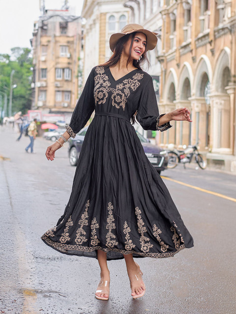 MITTOO Women Floral Embroidered V-Neck Fit and Flare Midi Ethnic Dress