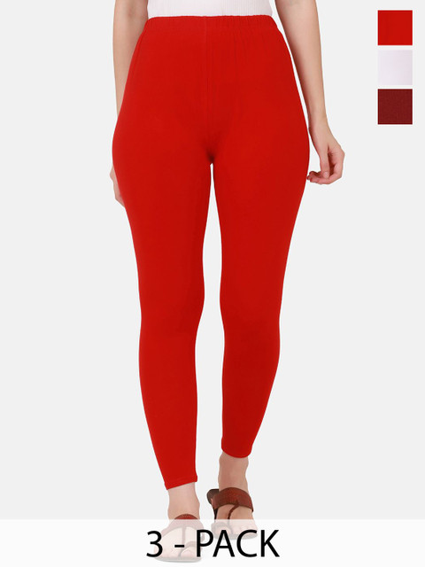 VANSIRI Pack Of 3 Pure Cotton Slim-Fit Ankle-Length Leggings
