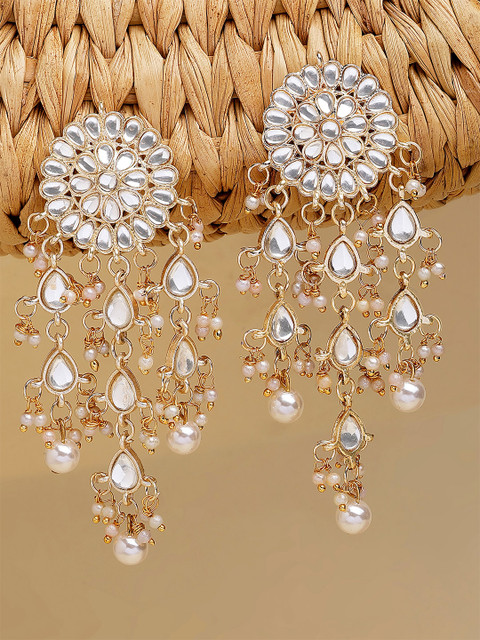 KARATCART Off-White Gold-Plated Stone-Studded Floral Drop Earrings