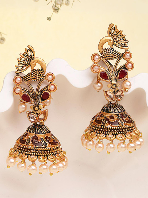 KARATCART Gold-Plated & Maroon Stone Studded Peacock Shape Jhumkas Earrings