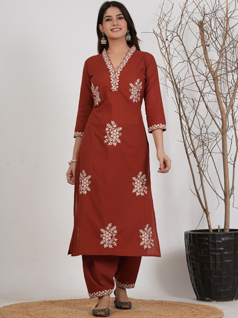 MF Hayat Women Embroidered Regular Pure Cotton Kurta with Salwar & With Dupatta