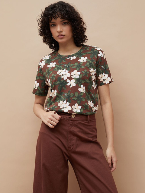 Colour Me by Melange Women Floral Printed Round Neck Cotton Regular Sleeves Top