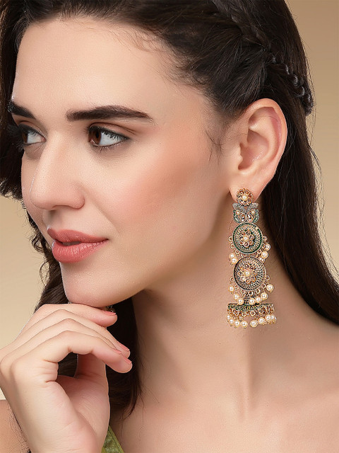 KARATCART Green & Gold-Plated Antique Classic Jhumkas Earrings - Image 2