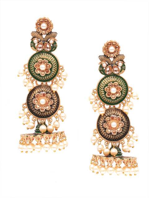 KARATCART Green & Gold-Plated Antique Classic Jhumkas Earrings - Image 3