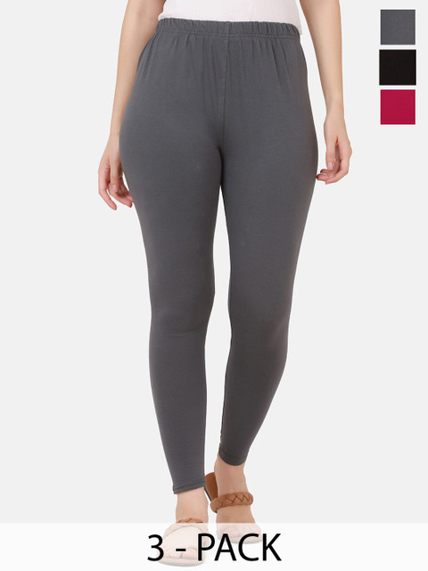 VANSIRI Pack Of 3 Pure Cotton Slim-Fit Ankle-Length Leggings