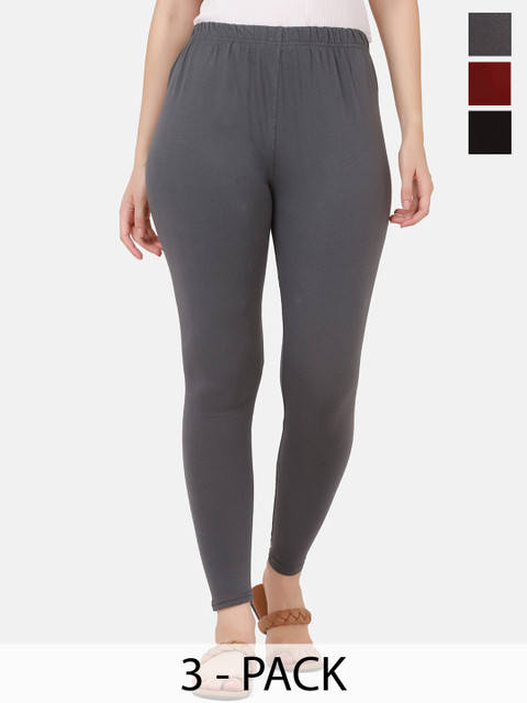 VANSIRI Pack Of 3 Pure Cotton Slim-Fit Ankle-Length Leggings