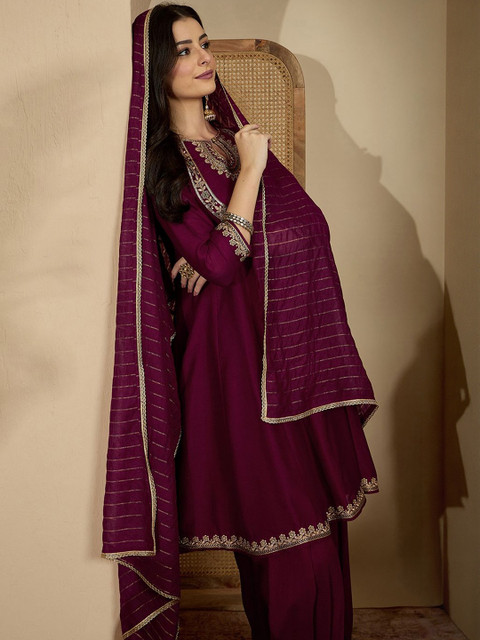 Sangria Floral Yoke Design Thread Work Panelled Anarkali Kurta With Patiala & Dupatta - Image 6
