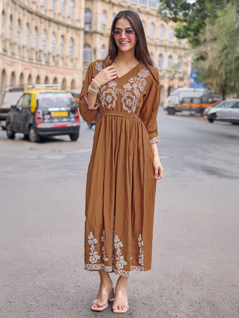 MITTOO Women Embroidered Maxi Ethnic Dress