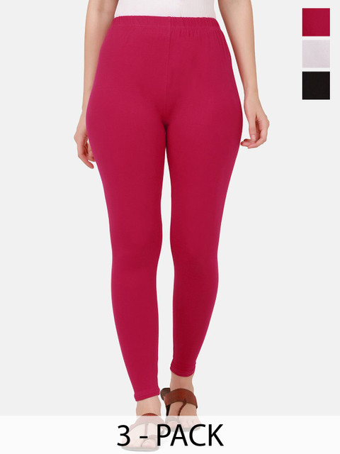 VANSIRI Pack Of 3 Pure Cotton Slim-Fit Ankle-Length Leggings