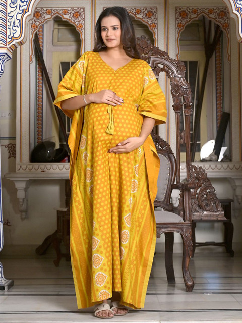 Aujjessa Women Geometric Printed Lace-Up Batwing Sleeve Maternity Kaftan Maxi Dress