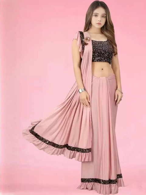 fashion field Girls Solid Ruffles Sequinned Saree - Image 2