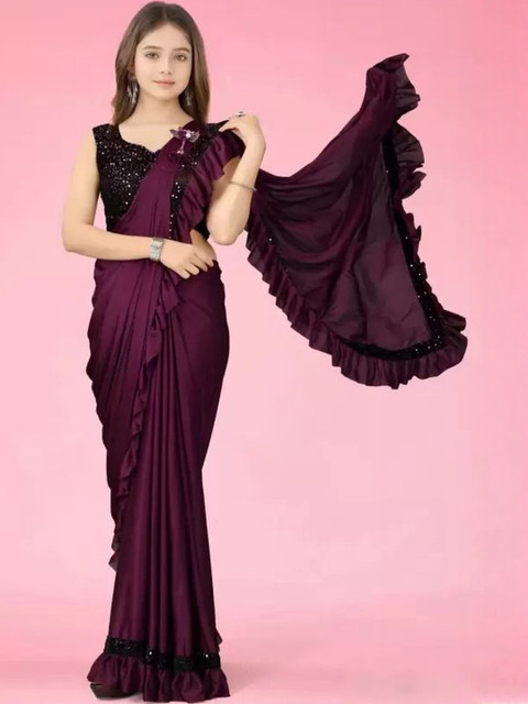 fashion field Girls Sequinned Ruffled Saree With Blouse Piece - Image 2