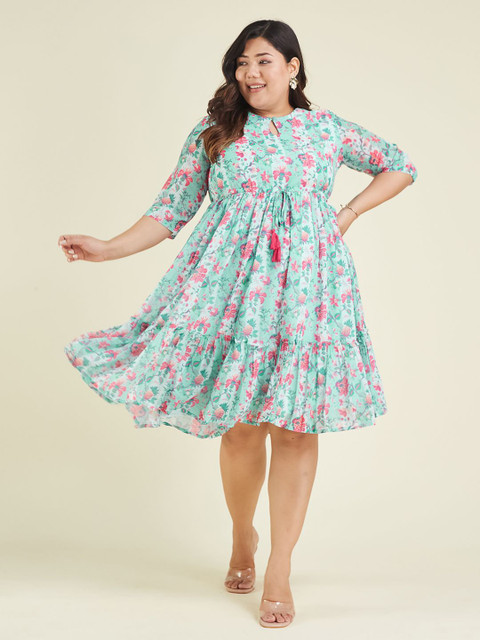 Janasya Women Plus Size Georgette Floral Printed Fit & Flare Dress
