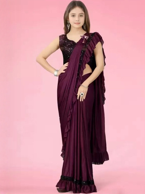 fashion field Girls Sequinned Ruffled Saree With Blouse Piece