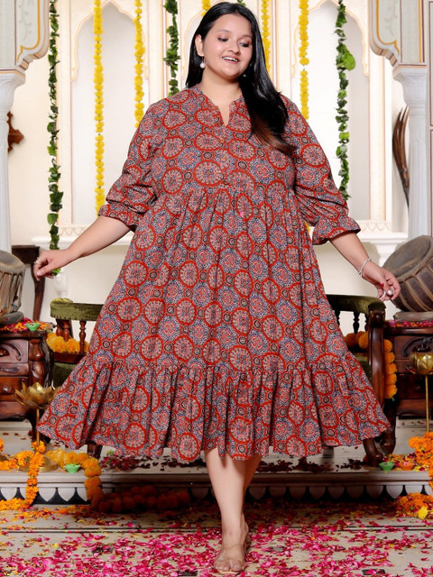 Swasti Women Ethnic Motifs Print Cotton Fit & Flare Plus Size Midi Dress