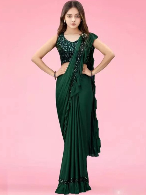 fashion field Solid Sequinned Ruffled Malai Saree - Image 3