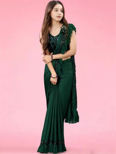 fashion field Solid Sequinned Ruffled Malai Saree